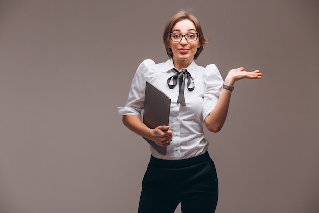 Business woman with computer isolated