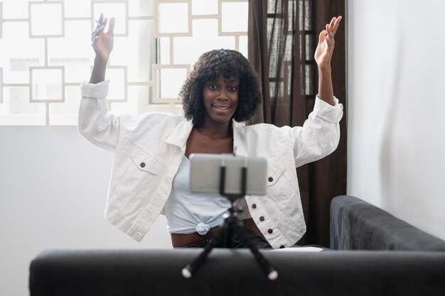 Business woman working from her living room