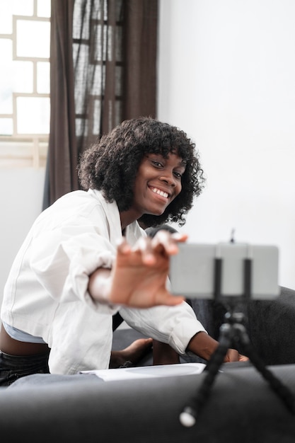 Business woman working from her living room