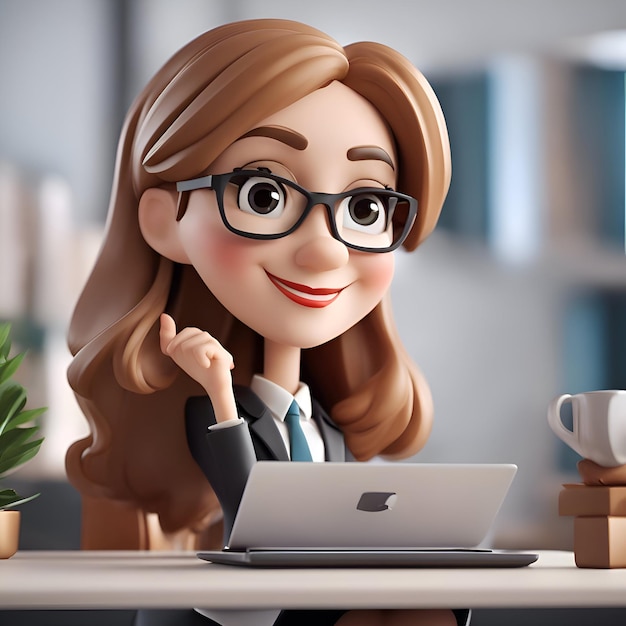 사무실에서 노트북으로 일하는 비즈니스 여성 3D 렌더 일러스트레이션