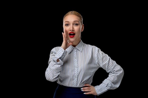 Business woman young blonde girl calling for help with red lipstick in office outfit