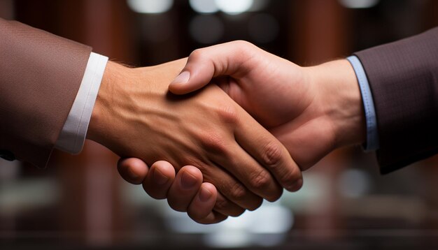 Businessman and businesswoman shaking hands in a successful partnership agreement generated by artificial intelligence