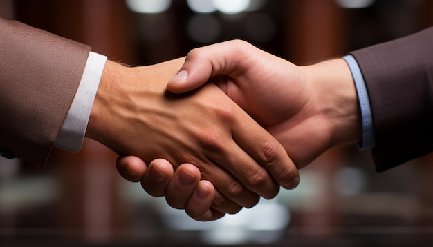 Businessman and businesswoman shaking hands in a successful partnership agreement generated by artificial intelligence