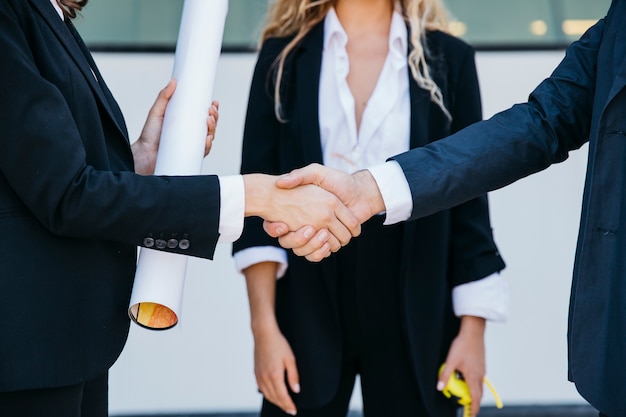 Businessman and businesswoman shaking their hands