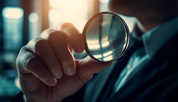 Free photo businessman examining material with magnifying glass closely generated by ai