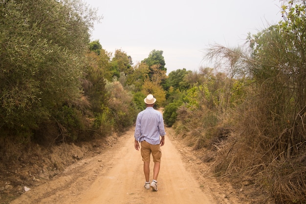 Businessman from the back on a long country road