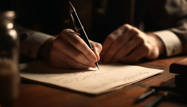 Businessman hand holding pen signing important contract generated by AI