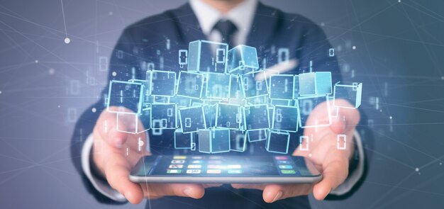 Businessman holding a cloud of blockchain cube and binary data 3d rendering
