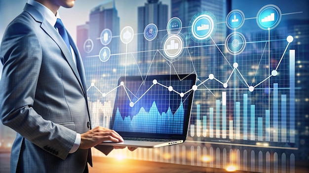 Free photo businessman holding laptop with financial data