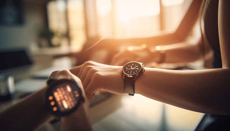 Free Photo businessman holding smart watch watching clock speed generated by ai