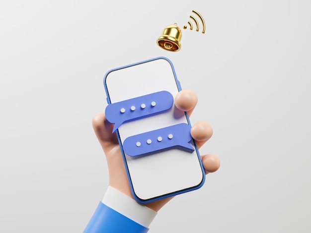 3dレンダリングイラストによる通知と技術の概念のためのメッセージバブルボックスとゴールデンベルアラームでスマートフォンを保持しているビジネスマン