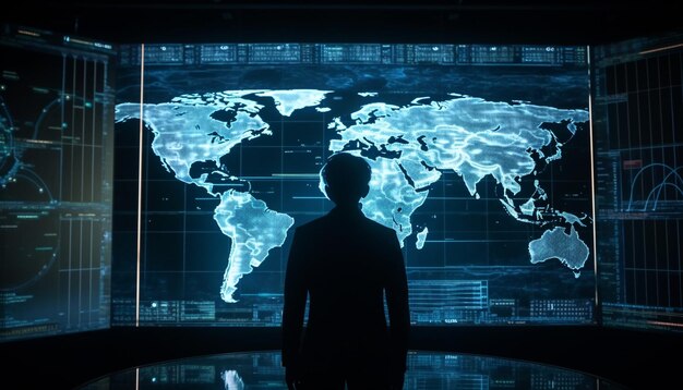 AI によって生成されたグローバル通信ネットワークを接続する世界地図を保持しているビジネスマン