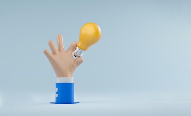 ビジネスソリューションと3dレンダリングイラストによる創造的な思考のアイデアの概念のためのコピースペースと黄色の電球を保持しているビジネスマン