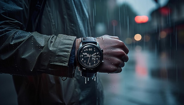 Free photo businessman in the rain checking his watch generated by ai