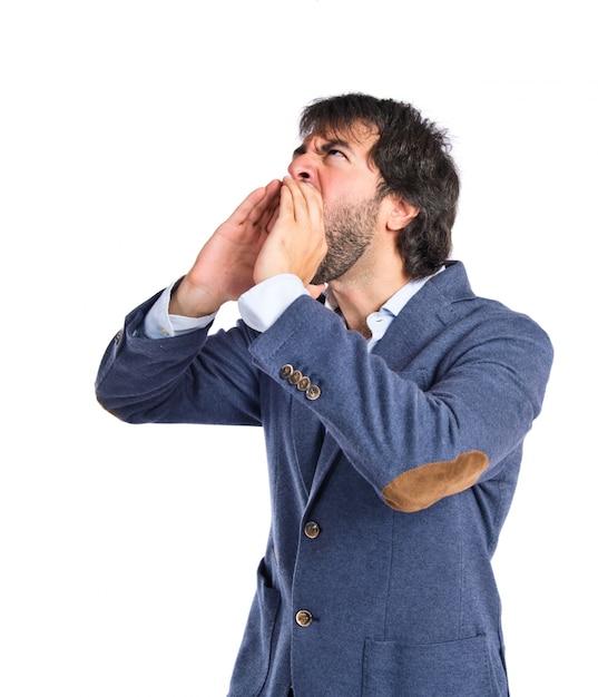 Free photo businessman shouting over isolated white background