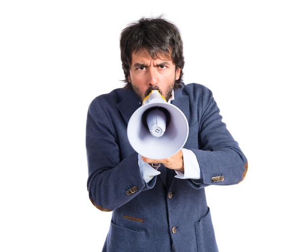 Businessman shouting over isolated white background