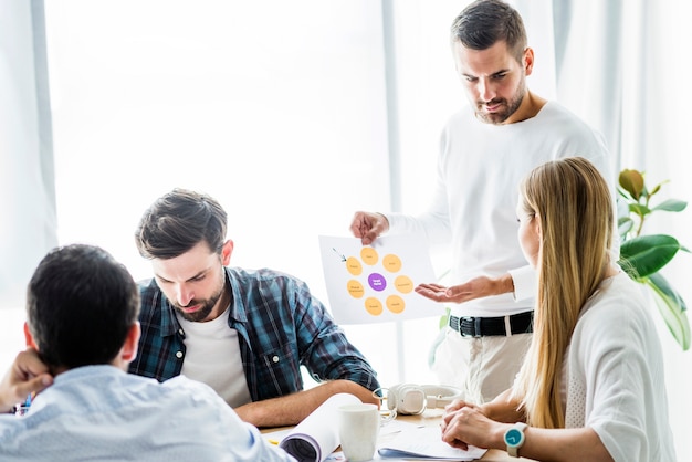 Free photo businessman showing chart to his female employee at workplace