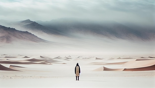 Businessman standing on sand dune overlooking landscape generative AI