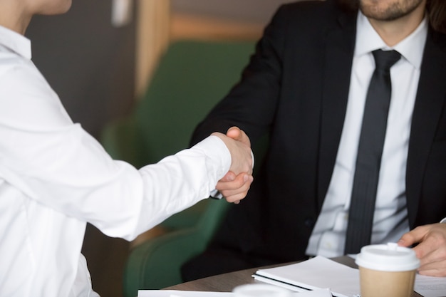 Businessman in suit handshaking businesswoman showing respect, close up view