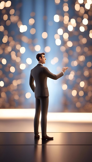 Free photo businessman in suit pointing with finger at bokeh light background