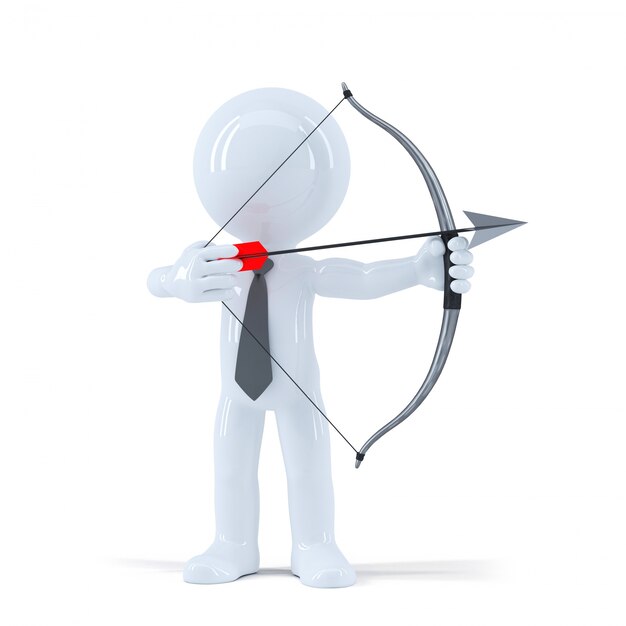 Businessman takes aim at a target with bow and arrow