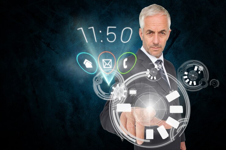 मुफ़्त फोटो businessman touching a virtual screen