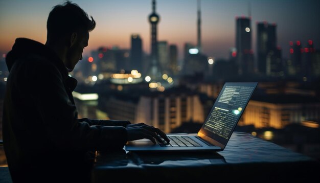 Businessman typing on laptop in illuminated cityscape generated by AI