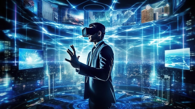 Foto gratuita uso di occhiali di realtà virtuale vr e tecnologia metaverse da parte di uomini d'affari