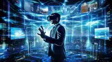 Free photo businessman use vr virtual reality goggle and metaverse technology