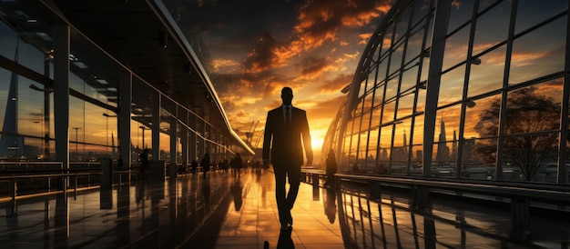 Бесплатное фото Бизнесмен гуляет по аэропорту на закате на фоне городского пейзажа