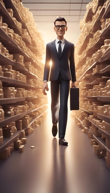 Free photo businessman walking in warehouse with briefcase 3d rendering