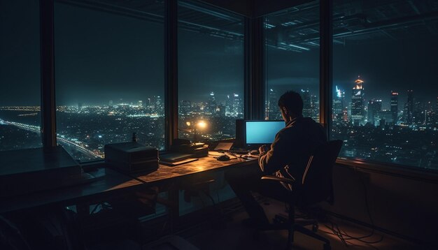 Businessman and woman planning success in illuminated skyscraper generated by AI