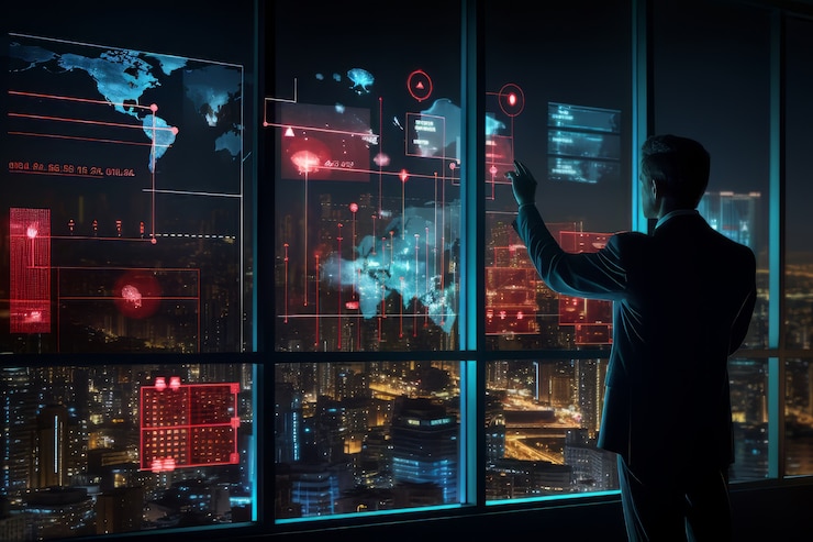 Free Photo businessman working in a futuristic office
