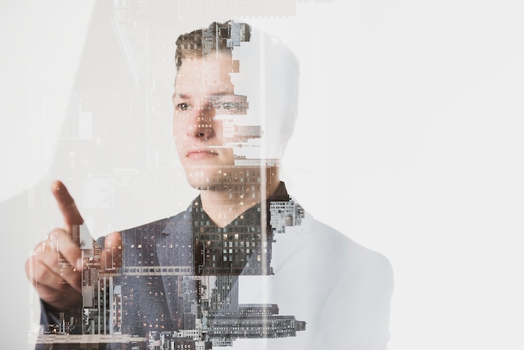 Free Photo businessman working on a virtual screen