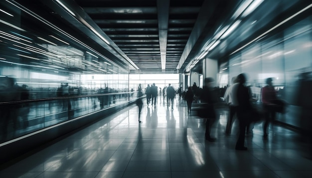 Businessmen rush through modern subway station corridor generated by AI