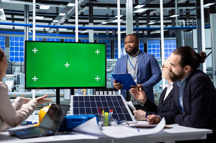 Free Photo businessmen using mockup display to show solar panels designs research