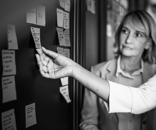 Businesspeople planning tasks with sticky notes