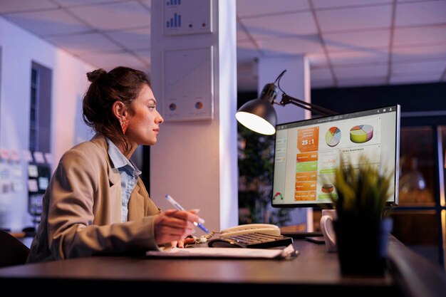 Businesswoman analyzing financial growth report on computer, planning company strategy to increase profit. Executive manager working late at night in startup office. Corporate concept