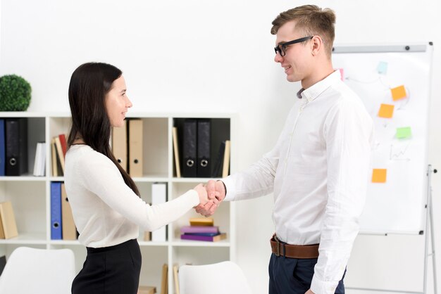 Businesswoman and businessman shaking each other hands in the office