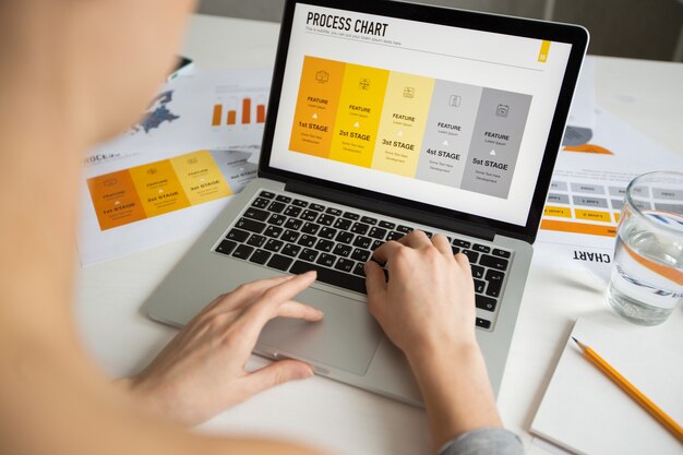 Businesswoman examining process chart on laptop