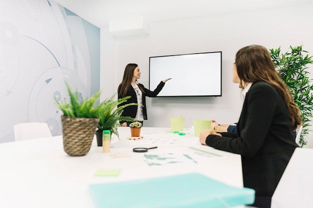 Businesswoman giving presentation to her colleague