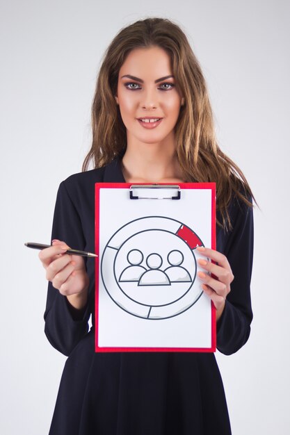 Businesswoman hold clipboard paper report document with team work icon, diagram.