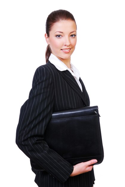 Free photo businesswoman holding the black folder on a white space