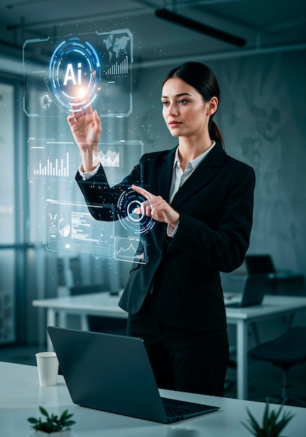 businesswoman interacting with ai hologram in office