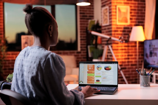 無料写真 ラップトップ画面、背面図で会社のマーケティング調査統計を見ている実業家。夕方にホームオフィスのコンピューターで図や円グラフを分析するリモートアナリスト