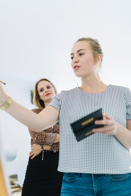 Businesswoman looking at her colleague writing on board