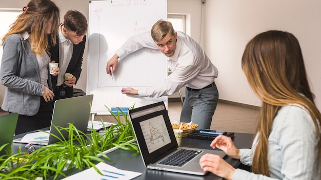 Businesswoman looking at her colleagues preparing for presentation on flip chart