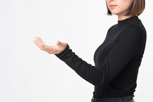 Businesswoman touching invisible screen future technology