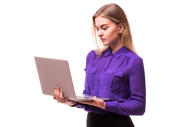 Businesswoman use laptop . Lady with different face emotions. Isolated on white wall.