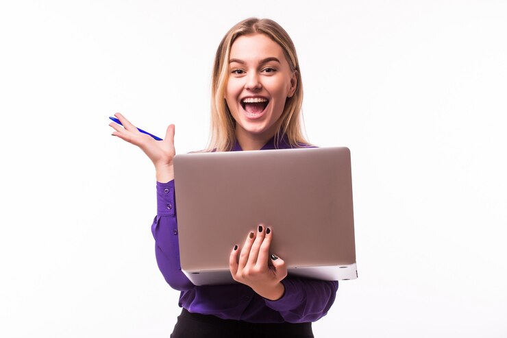 Free Photo businesswoman use laptop . lady with different face emotions. isolated on white wall.